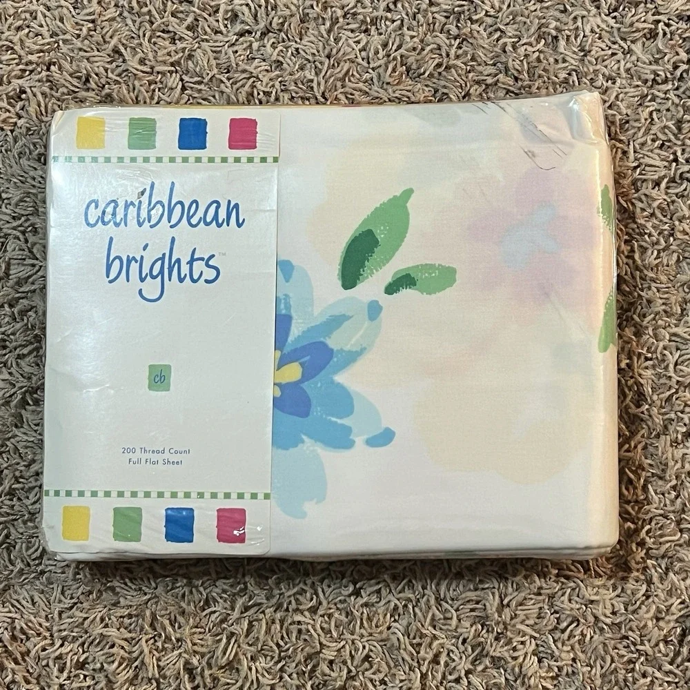 Caribbean Brights Vintage 80s 90s Tropical Floral Full Flat Bed‎ Sheet NEW!